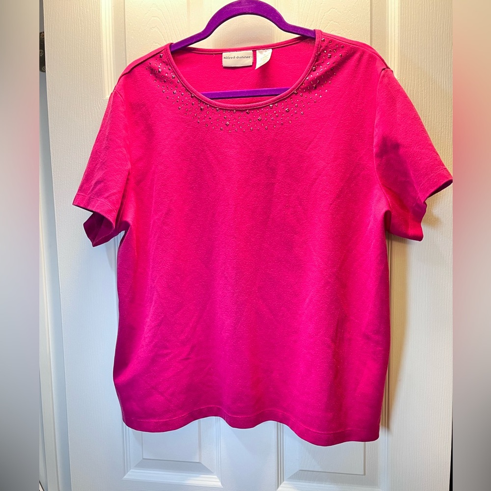 Alford Dunner Hot Pink Blouse Top with Rhinestone Embroidered Neck XL